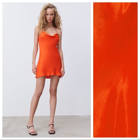 NWT. Zara Orange/Red Satin Effect Mini Dress. Size XXL. - Picture 1 of 11